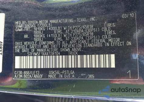 2010 Toyota Tundra Limited 5.7L V8 z USA, uszkodzony, nr VIN 5TFHW5F1XAX138104